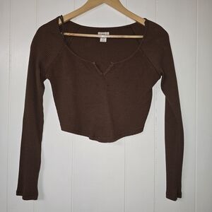 BDG Brown Waffle-Knit Cropped Long Sleeve Top